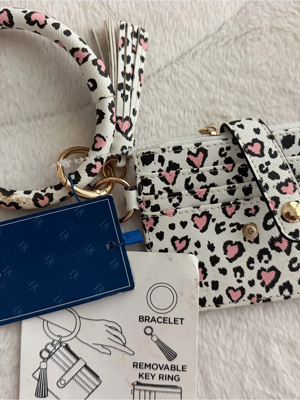 Leopard Heart Wristlet Key Ring Wallet - White & Pink